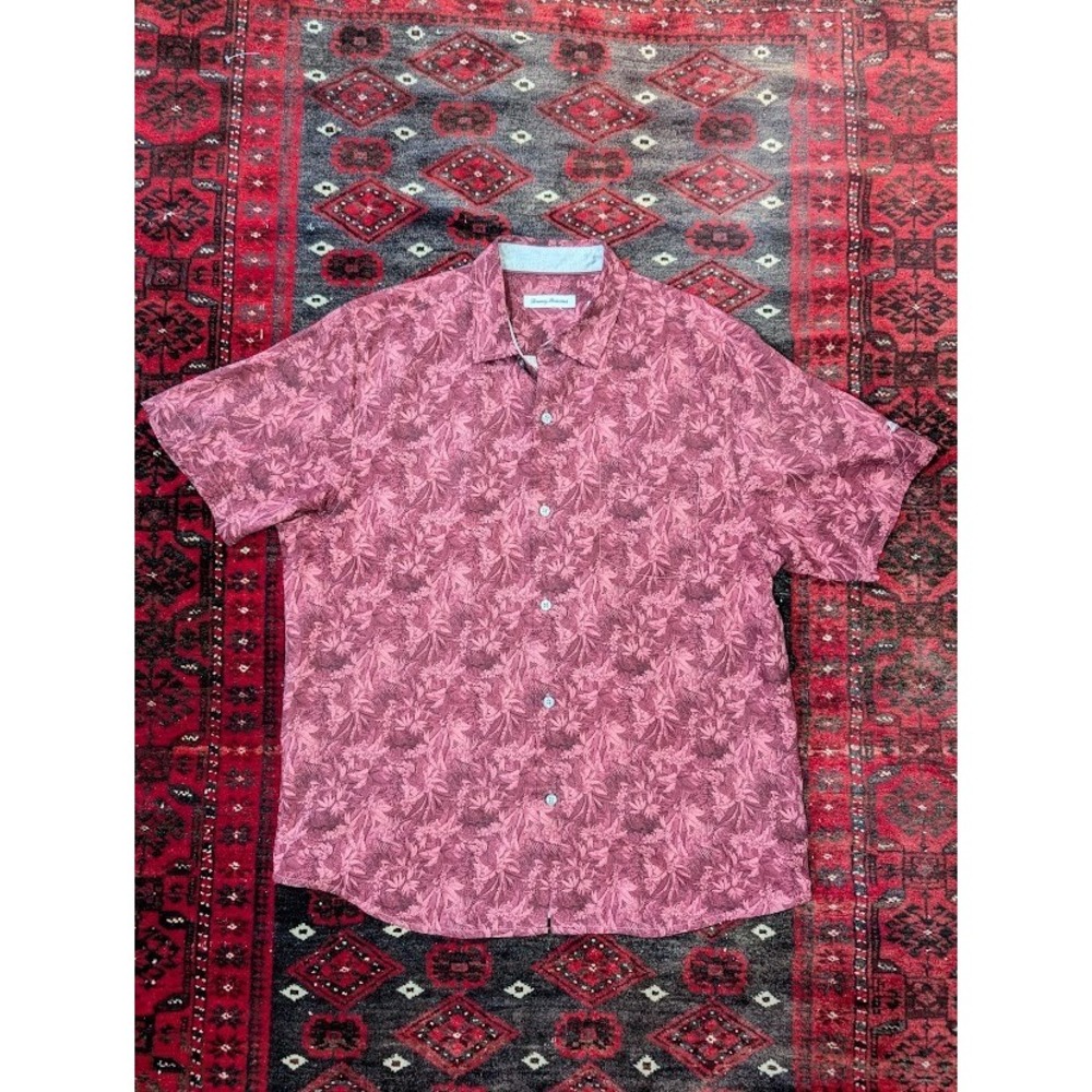 tommy bahama 100% silk red button up shirt L tropical Tom Selleck resort wear